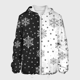 Мужская куртка 3D с принтом Рождественские снежинки на черно белом фоне в Петрозаводске, ткань верха — 100% полиэстер, подклад — флис | прямой крой, подол и капюшон оформлены резинкой с фиксаторами, два кармана без застежек по бокам, один большой потайной карман на груди. Карман на груди застегивается на липучку | 
