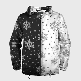 Мужская ветровка 3D с принтом Рождественские снежинки на черно белом фоне в Екатеринбурге, 100% полиэстер | подол и капюшон оформлены резинкой с фиксаторами, два кармана без застежек по бокам, один потайной карман на груди | 