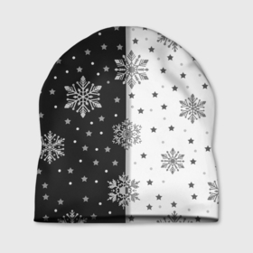 Шапка 3D с принтом Рождественские снежинки на черно белом фоне , 100% полиэстер | универсальный размер, печать по всей поверхности изделия | Тематика изображения на принте: 
