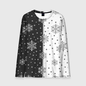 Мужской лонгслив 3D с принтом Рождественские снежинки на черно белом фоне в Екатеринбурге, 100% полиэстер | длинные рукава, круглый вырез горловины, полуприлегающий силуэт | 