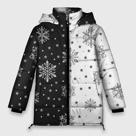 Женская зимняя куртка Oversize с принтом Рождественские снежинки на черно белом фоне , верх — 100% полиэстер; подкладка — 100% полиэстер; утеплитель — 100% полиэстер | длина ниже бедра, силуэт Оверсайз. Есть воротник-стойка, отстегивающийся капюшон и ветрозащитная планка. 

Боковые карманы с листочкой на кнопках и внутренний карман на молнии | 