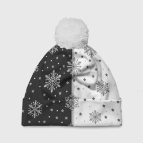 Шапка 3D c помпоном с принтом Рождественские снежинки на черно белом фоне в Петрозаводске, 100% полиэстер | универсальный размер, печать по всей поверхности изделия | Тематика изображения на принте: 