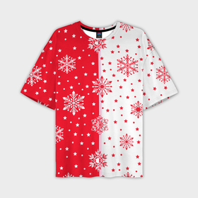 Мужская футболка oversize 3D с принтом Рождественские снежинки на красно белом фоне в Белгороде,  |  | 
