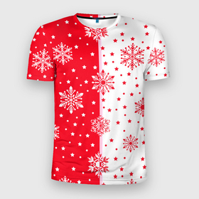Мужская футболка 3D Slim с принтом Рождественские снежинки на красно белом фоне в Белгороде, 100% полиэстер с улучшенными характеристиками | приталенный силуэт, круглая горловина, широкие плечи, сужается к линии бедра | 