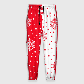 Мужские брюки 3D с принтом Рождественские снежинки на красно белом фоне в Новосибирске, 100% полиэстер | манжеты по низу, эластичный пояс регулируется шнурком, по бокам два кармана без застежек, внутренняя часть кармана из мелкой сетки | Тематика изображения на принте: 