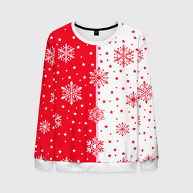 Мужской свитшот 3D с принтом Рождественские снежинки на красно белом фоне в Петрозаводске, 100% полиэстер с мягким внутренним слоем | круглый вырез горловины, мягкая резинка на манжетах и поясе, свободная посадка по фигуре | 