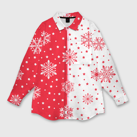 Мужская рубашка oversize 3D с принтом Рождественские снежинки на красно белом фоне ,  |  | 