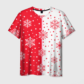 Мужская футболка 3D с принтом Рождественские снежинки на красно белом фоне , 100% полиэфир | прямой крой, круглый вырез горловины, длина до линии бедер | 