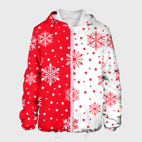 Мужская куртка 3D с принтом Рождественские снежинки на красно белом фоне в Белгороде, ткань верха — 100% полиэстер, подклад — флис | прямой крой, подол и капюшон оформлены резинкой с фиксаторами, два кармана без застежек по бокам, один большой потайной карман на груди. Карман на груди застегивается на липучку | 