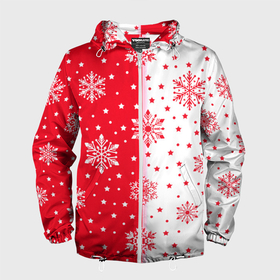 Мужская ветровка 3D с принтом Рождественские снежинки на красно белом фоне в Белгороде, 100% полиэстер | подол и капюшон оформлены резинкой с фиксаторами, два кармана без застежек по бокам, один потайной карман на груди | 