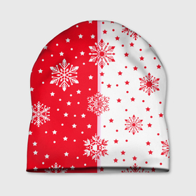 Шапка 3D с принтом Рождественские снежинки на красно белом фоне , 100% полиэстер | универсальный размер, печать по всей поверхности изделия | 