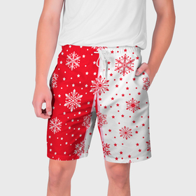 Мужские шорты 3D с принтом Рождественские снежинки на красно белом фоне в Новосибирске,  полиэстер 100% | прямой крой, два кармана без застежек по бокам. Мягкая трикотажная резинка на поясе, внутри которой широкие завязки. Длина чуть выше колен | Тематика изображения на принте: 