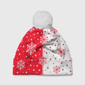 Шапка 3D c помпоном с принтом Рождественские снежинки на красно белом фоне в Белгороде, 100% полиэстер | универсальный размер, печать по всей поверхности изделия | 