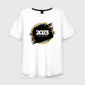 Мужская футболка хлопок Oversize с принтом happy new year 2023 brush в Курске, 100% хлопок | свободный крой, круглый ворот, “спинка” длиннее передней части | 