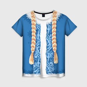 Женская футболка 3D с принтом Снегурка с косами в Новосибирске, 100% полиэфир ( синтетическое хлопкоподобное полотно) | прямой крой, круглый вырез горловины, длина до линии бедер | 