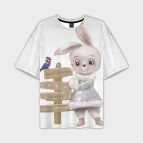 Мужская футболка oversize 3D с принтом Рождественский Кролик с Птичкой в Тюмени,  |  | 