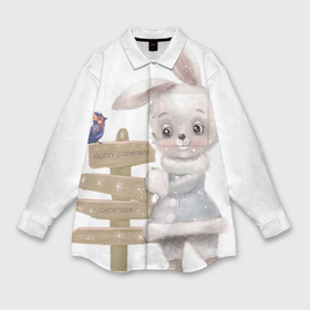 Мужская рубашка oversize 3D с принтом Рождественский Кролик с Птичкой в Белгороде,  |  | 