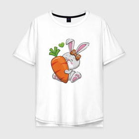Мужская футболка хлопок Oversize с принтом Зайка с большой морковкой в Кировске, 100% хлопок | свободный крой, круглый ворот, “спинка” длиннее передней части | 