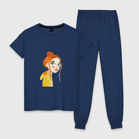 Женская пижама хлопок с принтом девочка с рыжими волосами в желтой кофте в Тюмени, 100% хлопок | брюки и футболка прямого кроя, без карманов, на брюках мягкая резинка на поясе и по низу штанин | 