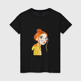 Женская футболка хлопок с принтом девочка с рыжими волосами в желтой кофте в Тюмени, 100% хлопок | прямой крой, круглый вырез горловины, длина до линии бедер, слегка спущенное плечо | 