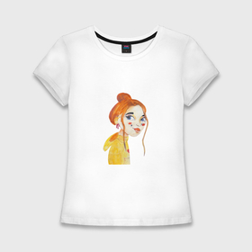 Женская футболка хлопок Slim с принтом девочка с рыжими волосами в желтой кофте в Тюмени,  |  | 