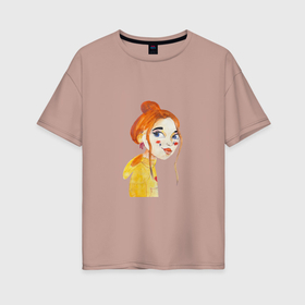 Женская футболка хлопок Oversize с принтом девочка с рыжими волосами в желтой кофте в Тюмени, 100% хлопок | свободный крой, круглый ворот, спущенный рукав, длина до линии бедер
 | 