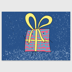 Поздравительная открытка с принтом Розовый подарок с желтой лентой под снегом на синем фоне в Петрозаводске, 100% бумага | плотность бумаги 280 г/м2, матовая, на обратной стороне линовка и место для марки
 | 