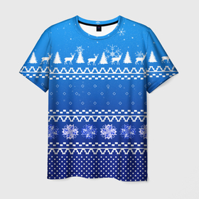 Мужская футболка 3D с принтом Новогодний узор на синем фоне в Белгороде, 100% полиэфир | прямой крой, круглый вырез горловины, длина до линии бедер | 