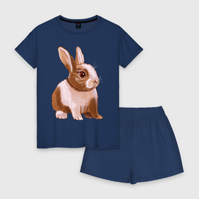 Женская пижама с шортиками хлопок с принтом Ушастый милый кролик в Санкт-Петербурге, 100% хлопок | футболка прямого кроя, шорты свободные с широкой мягкой резинкой | 