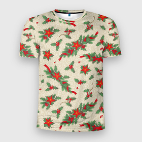 Мужская футболка 3D Slim с принтом Рождественские гирлянды и венки на бежевом   паттерн в Екатеринбурге, 100% полиэстер с улучшенными характеристиками | приталенный силуэт, круглая горловина, широкие плечи, сужается к линии бедра | 