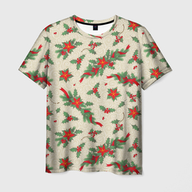 Мужская футболка 3D с принтом Рождественские гирлянды и венки на бежевом   паттерн в Санкт-Петербурге, 100% полиэфир | прямой крой, круглый вырез горловины, длина до линии бедер | 