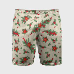 Мужские шорты спортивные с принтом Рождественские гирлянды и венки на бежевом   паттерн ,  |  | Тематика изображения на принте: 