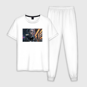 Мужская пижама хлопок с принтом Билли Айлиш в киберпанке: нейросеть , 100% хлопок | брюки и футболка прямого кроя, без карманов, на брюках мягкая резинка на поясе и по низу штанин
 | 