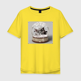 Мужская футболка хлопок Oversize с принтом Спящий котёнок в снежном шаре , 100% хлопок | свободный крой, круглый ворот, “спинка” длиннее передней части | 