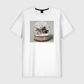 Мужская футболка хлопок Slim с принтом Спящий котёнок в снежном шаре , 92% хлопок, 8% лайкра | приталенный силуэт, круглый вырез ворота, длина до линии бедра, короткий рукав | 
