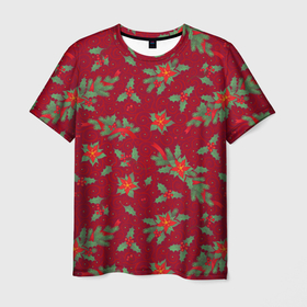 Мужская футболка 3D с принтом Рождественские гирлянды и венки на красном   паттерн в Тюмени, 100% полиэфир | прямой крой, круглый вырез горловины, длина до линии бедер | Тематика изображения на принте: 