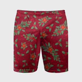 Мужские шорты спортивные с принтом Рождественские гирлянды и венки на красном   паттерн ,  |  | Тематика изображения на принте: 