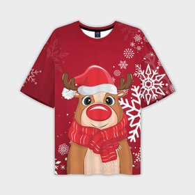 Мужская футболка oversize 3D с принтом Новогодний олень и снежинки ,  |  | 