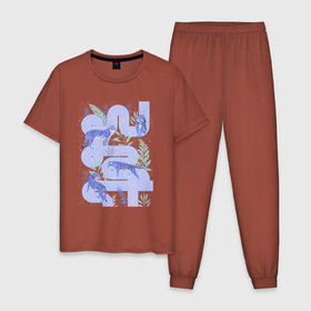 Мужская пижама хлопок с принтом Лавандовые тигры и абстрактные элементы в Белгороде, 100% хлопок | брюки и футболка прямого кроя, без карманов, на брюках мягкая резинка на поясе и по низу штанин
 | Тематика изображения на принте: 