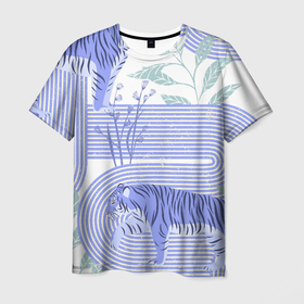 Мужская футболка 3D с принтом Лавандовые тигры и абстрактные элементы в Кировске, 100% полиэфир | прямой крой, круглый вырез горловины, длина до линии бедер | 
