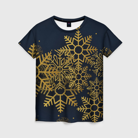 Женская футболка 3D с принтом Золотые снежинки в Курске, 100% полиэфир ( синтетическое хлопкоподобное полотно) | прямой крой, круглый вырез горловины, длина до линии бедер | 