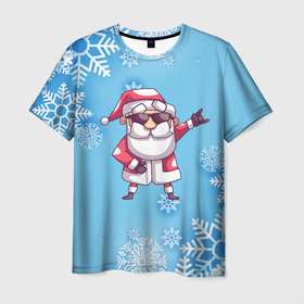 Мужская футболка 3D с принтом Крутой Дед Мороз   снежинки в Екатеринбурге, 100% полиэфир | прямой крой, круглый вырез горловины, длина до линии бедер | 