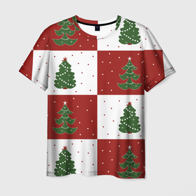 Мужская футболка 3D с принтом Красно белые квадраты с новогодними елочками , 100% полиэфир | прямой крой, круглый вырез горловины, длина до линии бедер | 
