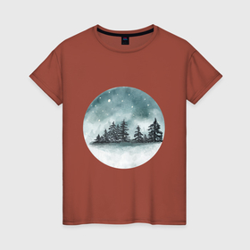Женская футболка хлопок с принтом Зимний лес, елки, снег в Екатеринбурге, 100% хлопок | прямой крой, круглый вырез горловины, длина до линии бедер, слегка спущенное плечо | 