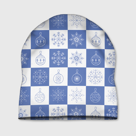 Шапка 3D с принтом Сине белые квадраты со снежинками в Кировске, 100% полиэстер | универсальный размер, печать по всей поверхности изделия | 