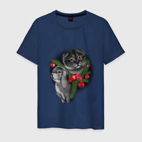 Мужская футболка хлопок с принтом Кот и кролик в Белгороде, 100% хлопок | прямой крой, круглый вырез горловины, длина до линии бедер, слегка спущенное плечо. | 