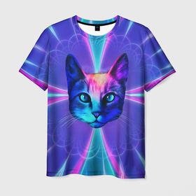 Мужская футболка 3D с принтом Яркий неоновый портрет кота в Кировске, 100% полиэфир | прямой крой, круглый вырез горловины, длина до линии бедер | 