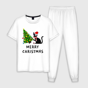 Мужская пижама хлопок с принтом Кот валит новогоднюю ёлку в Екатеринбурге, 100% хлопок | брюки и футболка прямого кроя, без карманов, на брюках мягкая резинка на поясе и по низу штанин
 | 
