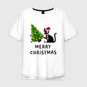 Мужская футболка хлопок Oversize с принтом Кот валит новогоднюю ёлку в Екатеринбурге, 100% хлопок | свободный крой, круглый ворот, “спинка” длиннее передней части | 