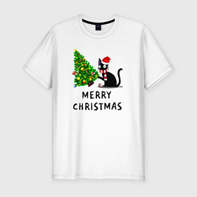 Мужская футболка хлопок Slim с принтом Кот валит новогоднюю ёлку в Белгороде, 92% хлопок, 8% лайкра | приталенный силуэт, круглый вырез ворота, длина до линии бедра, короткий рукав | 